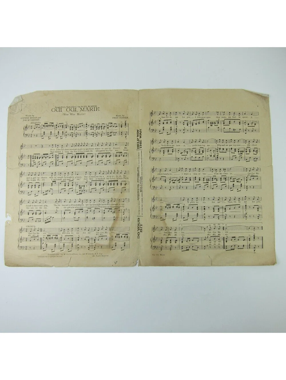 Sheet Music Oui Oui Marie Wee Wee WWI Ragtime Bryan McCarthy Fisher Antique 1918